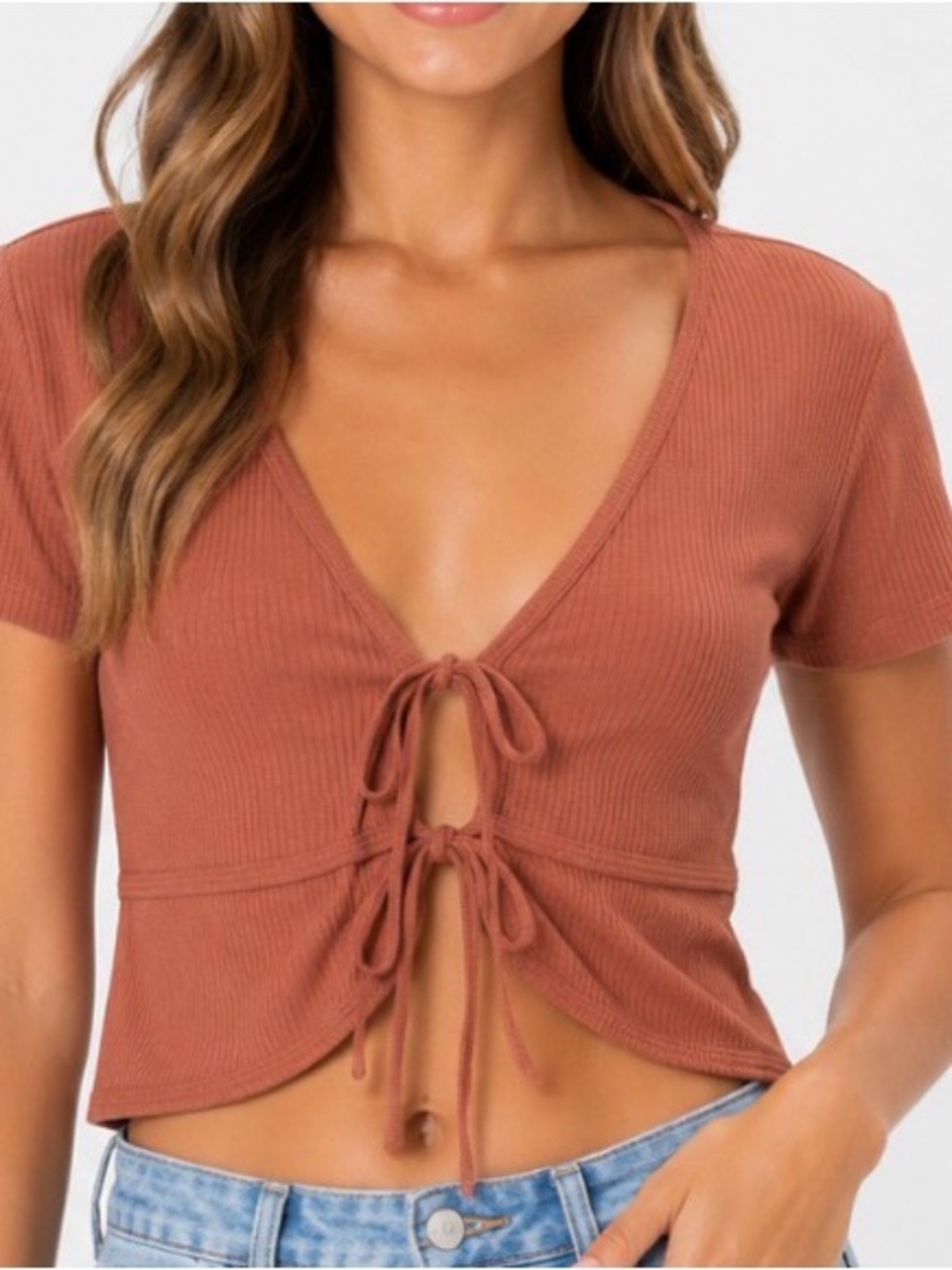 Aeropostale Rust Tie-Front Ribbed Short-Sleeve Crop Top NEW SZ LG